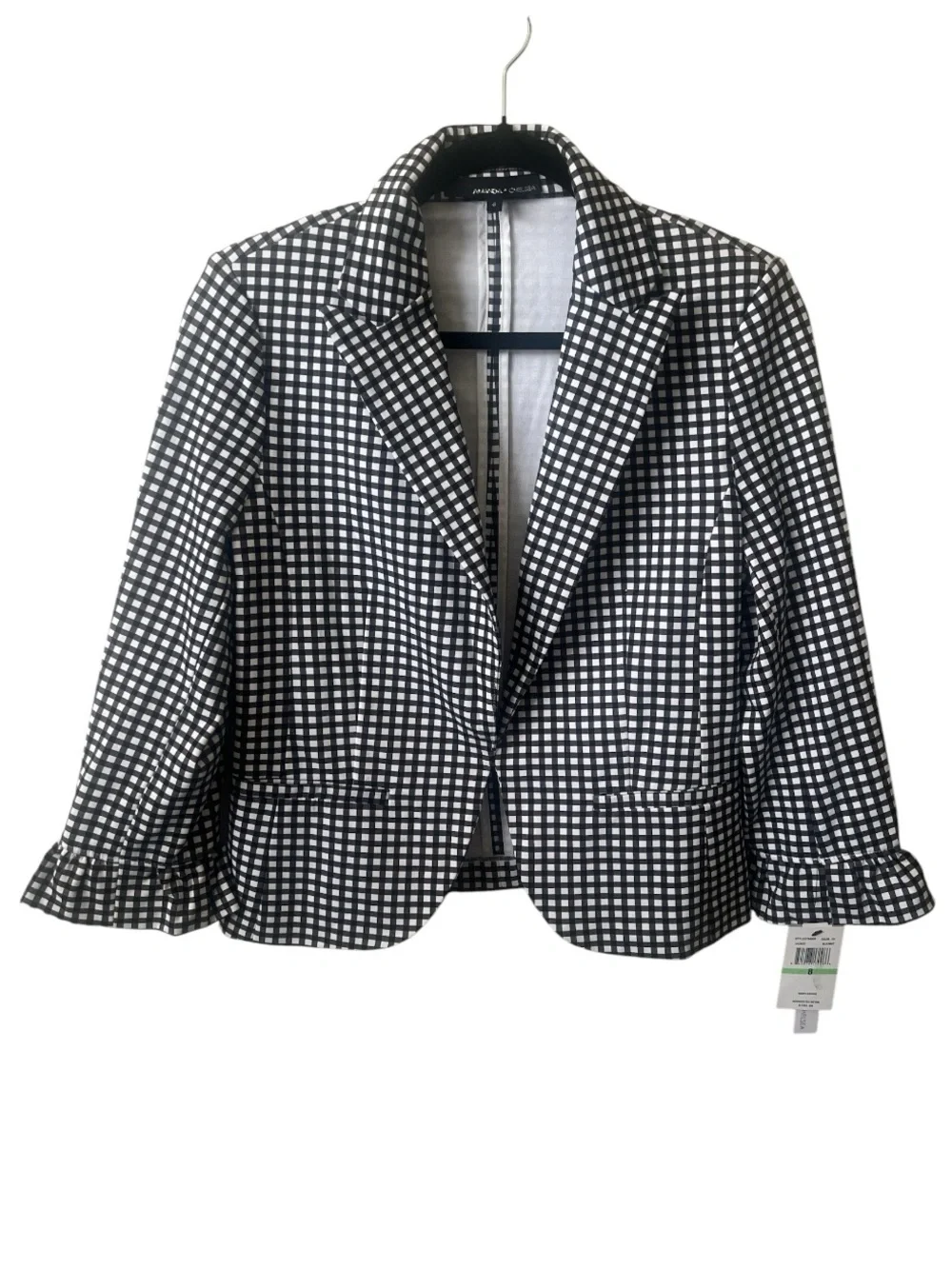 Amanda & Chelsea Gingham Blazer Jacket Black White Ruffle Cuff Stretch NWT 8